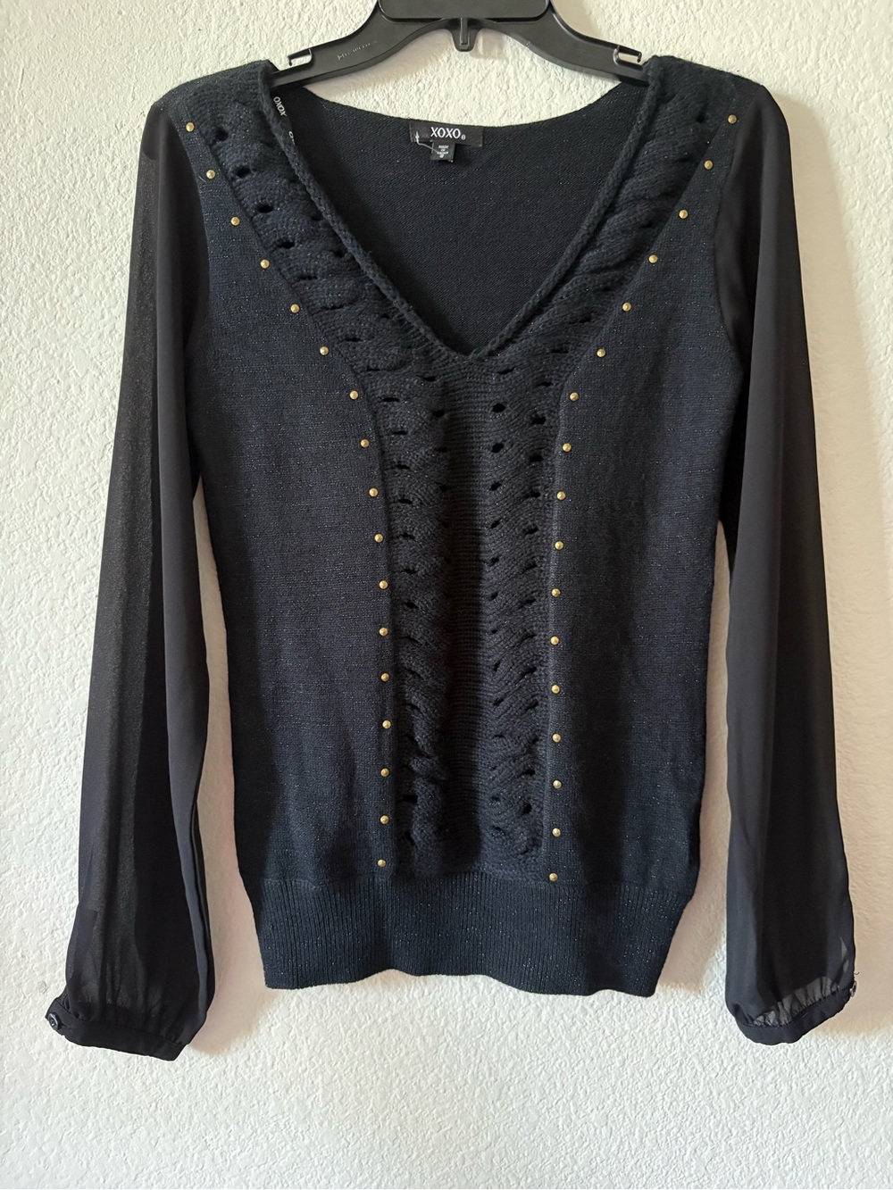 XOXO Black V-Neck Knit Top with Gold Stud Accents